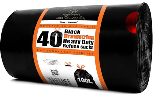 Haya Home - Bolsas de basura resistentes de plástico negro de 100 litros, 40 bolsas de basura con cordón, bolsas de basura grandes para cocina, hogar, oficina, jardín, material 100% reciclado
