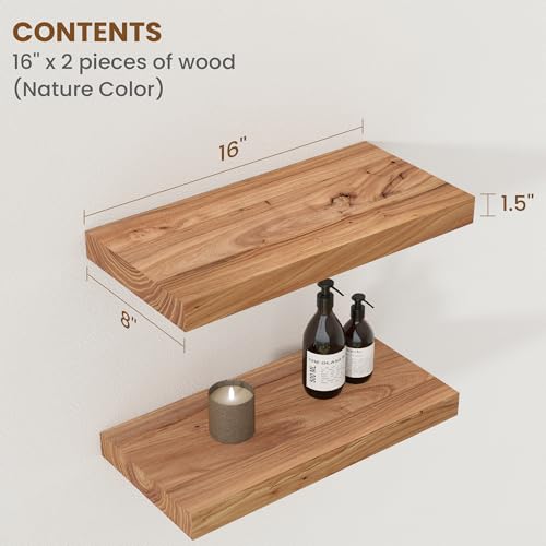 Image of Floating Shelves for Wall Decor, 8 inch Deep Rustic Solid Elm Wood Floating Shelves Wall Mounted, Wall Shelves with Invisible Bracket for Living Room Bathroom Bedroom Kitchen, 16 Inch Set of 2, Natural