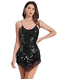 ODIZLI Fringe Sequin Dress for Women Tassel Cami Leotard One Piece Bodysuit Latin Jazz Dance Romper Dress Acrobat Costume Trapeze Artist Rave Concert Outfits Party Clubwear Black S