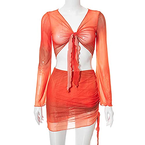 Image of Women's Sexy Long Sleeveless 2 Piece Sheer Mesh Cover Up Dress Crop Top Bodycon Ruched Mini Skirt Sets