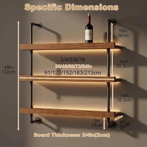 Image of HOUSESET 36 /48 /60 /72 /84in Wine Wall Rack with Led Lights, 3-Tiers Modern Pipe Liquor Bottle Display Shelf, Bar Shelves Wall Mounted for Commercial Bar, Restaurant, Home