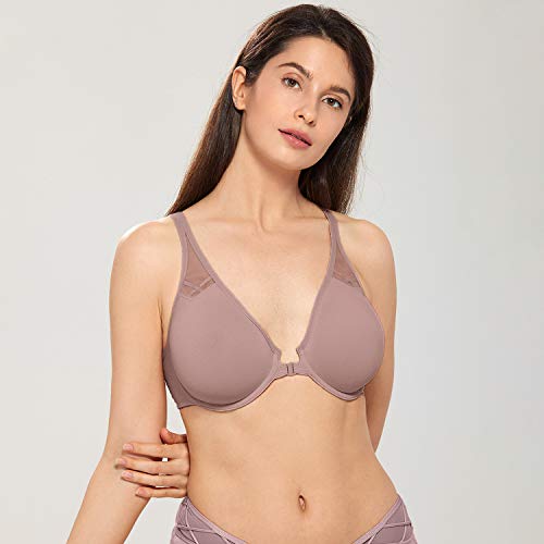 Image of DELIMIRA Women's Front Closure Racerback Bras Plus Size Full Coverage Supportive Underwire Plunge Unlined Bra