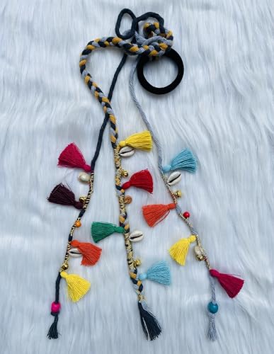 Image of Zippy Flora Handmade Boho Colorful Hair Strings | Ethnic Navratri & Festive Hair Accessories | Elegant Grey Braided Thread Hairband & Hair Extensions for Women & Girls | Bohemian Styling Hair Jewelry
