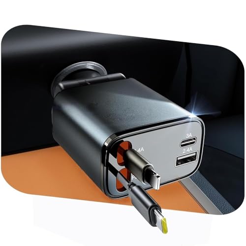 Rétractable Chargeur Voiture, 69W 4 en 1 Chargeur Rapide QC3.0&PD Prise Adaptateur USB Chargeur Telephone avec LED Voltmètre pour iPhone 17 16 Pro Max,...