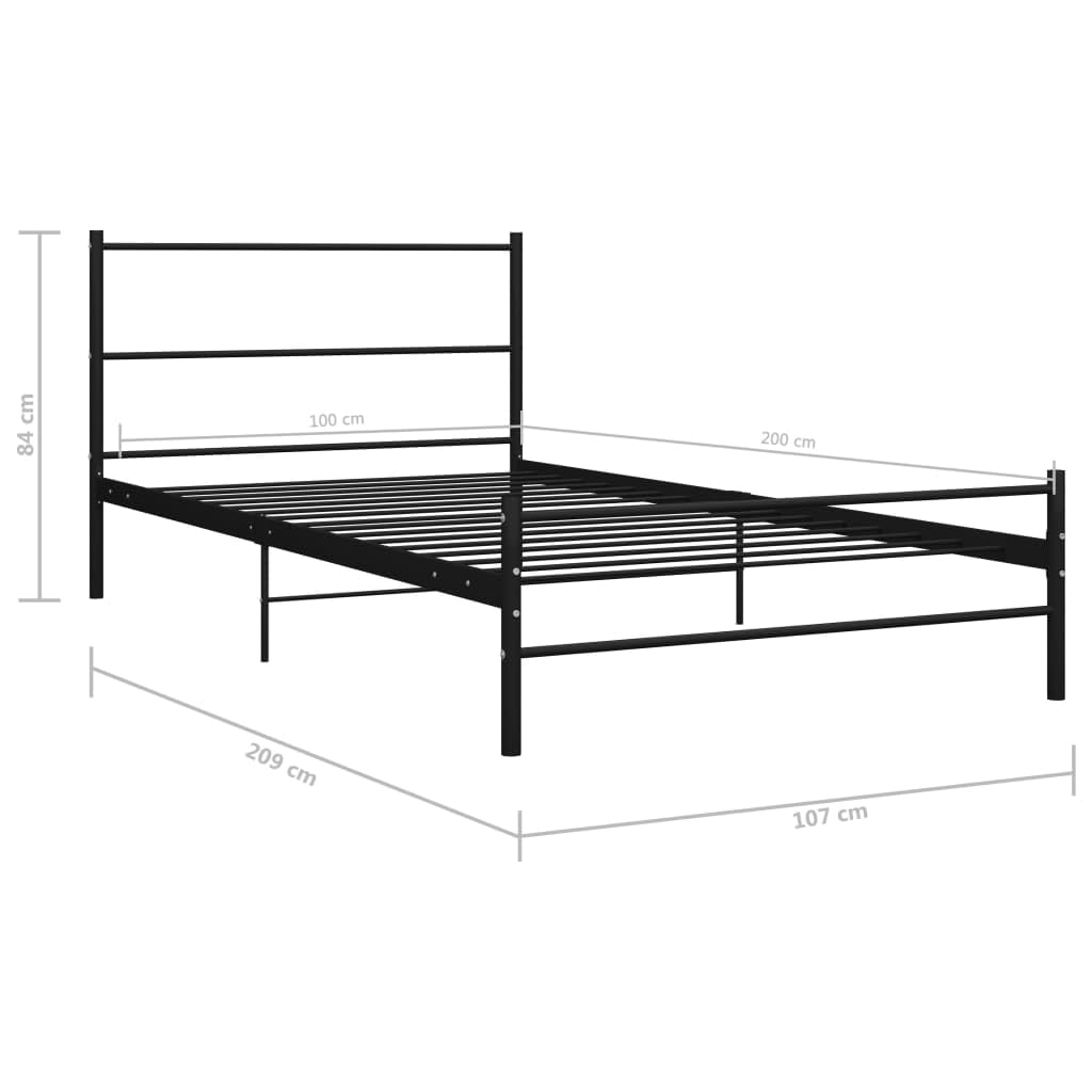 100x200 cm Metal Bed Frame with Slats, Black | Heavy-duty steel platform fits single mattresses, ideal for guest rooms and kids' rooms without a box spring.
