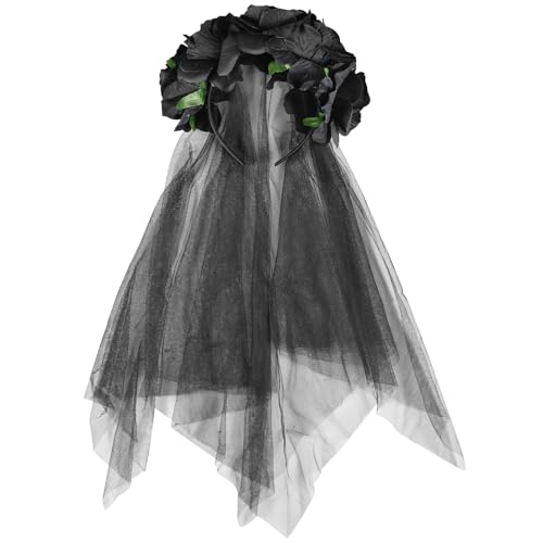 Velo rosa floral para Halloween,Diadema de Halloween con velo de encaje negro, diadema mexicana Día de los Muertos,Diadema accesorio para la cabeza para Disfraz de Halloween Mujer (patrón negro)