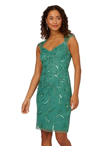 Adrianna Papell Women's Beaded Mesh Dress | Formal Cocktail Dress with Sequin Embellishments & Faux Wrap Skirt, Jungle Green, 16