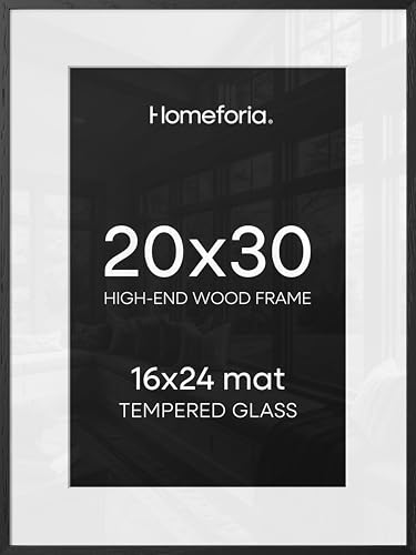 Image of Homeforia 20x30 Black Wood Frame, High End Oak 20x30 Wooden Picture Frames with Mat 16x24 Photo, 20 x 30 Poster Frame Matted to 16 by 24 Print, 30x20 Hanging Frames, Tempered Glass, Wall Kit, Set of 2