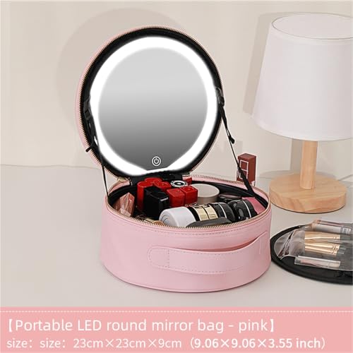 Makeup Bag with Mirror Travel PU Makeup Bag with Led Mirror, Portable Cosmetic Bag with Mirror, Travel Rechargeable Makeup Bag with Led Lights(Pink)2