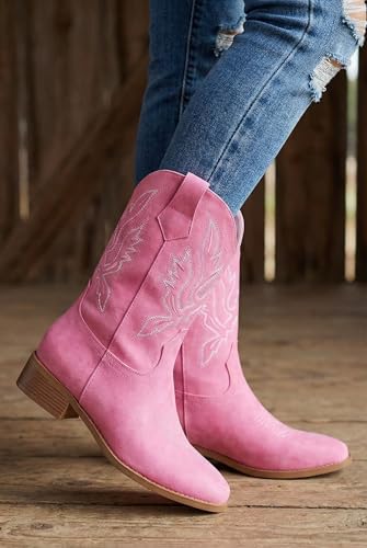 Image of Cowgirl Boots Square Toe Cowboy Boots For Women Ladies Mid Calf Low Heel Flat