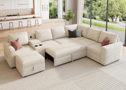Image of HONBAY Modular Sleeper Sofa with Pull Out Bed, Central Console, Beige