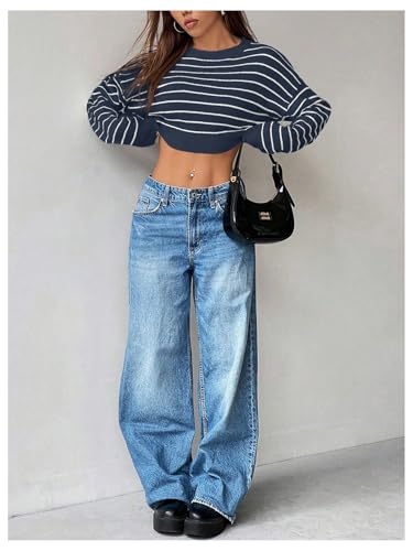 Image of Verdusa Women's Striped Y2k Crop Sweaters Crew Neck Long Sleeve Pullover Knitted Tops