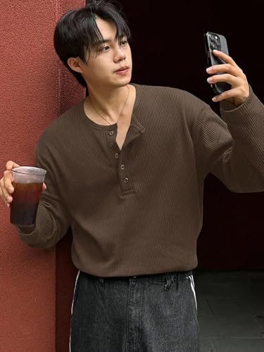 Image of Trillion Men's Textured Fabric Solid Color Basic Half-Open Collar T-Shirt, Fall Long Sleeve Men Shirt | Tshirt for Men
