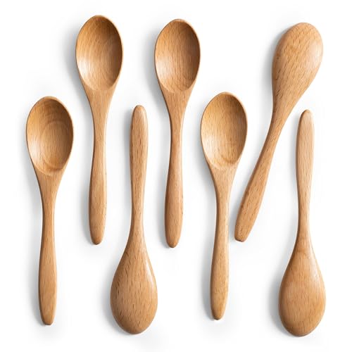 Tazweeq 7 Pcs Small Wooden Spoons Honey Spoons for Tea Beech Wooden Honey Teaspoon for Coffee Reusable Wood Kids Dinner Flatware Wood Kitchen Utensils Tea Spoon