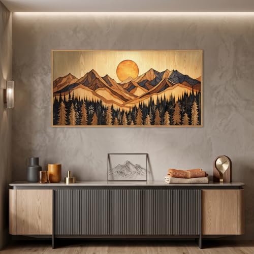 Ausril Boho Mountain Woodcut Framed Canvas Wall Art Set -20"x40" by Ausril - Used condition - Image 2