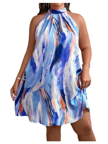 Image of Verdusa Women's Plus Size Tie Back Halter Neck Sleeveless Short Tunic Dress