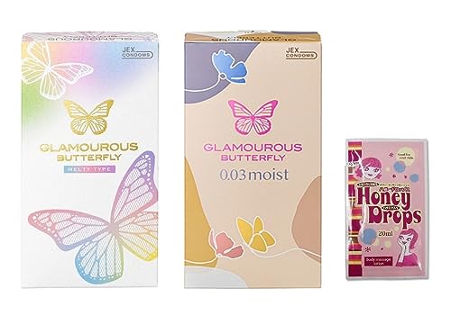 ジェクスグラマラスバタフライ2箱セット 003モイスト メルティ 潤滑ゼリー付き潤いコンドーム 女性が喜ぶ可愛いデザイン ハニードロップおまけ付き (003モイスト 8個入+メルティ 10個入)