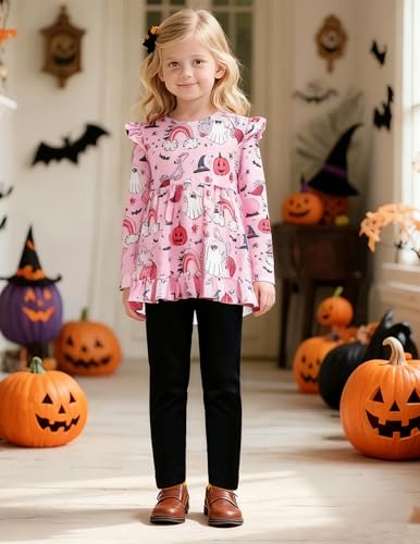 Image of Yekaty Girls Clothes Ruffle Shoulder High Low Hem Long Sleeve Top and Floral Pants 2 Piece Fall Outfits Clothing Set