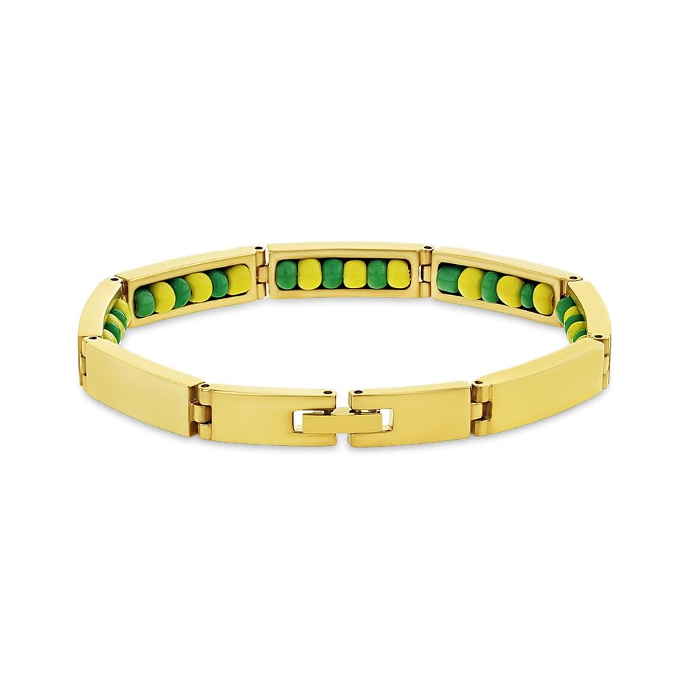 Stainless Steel Gold Tone Green & Yellow Babalawo Orula Bracelet 8" - Green and Yellow Beads Meaningful Babalawo Orula Bracelet for Men and Women