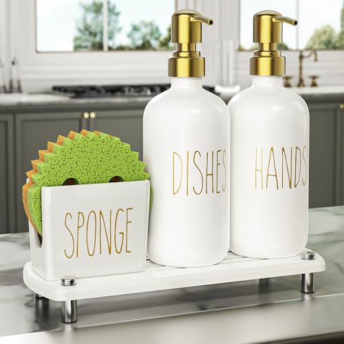 Cisily Kitchen Soap Dispenser Set Comes with Ceramics Sponge Holder, Gold Pumps, and Instant Dry Tray, Hand and Dish Soap Dispenser Set Suitable for Kitchen Decor and Accessories(Gold&White)