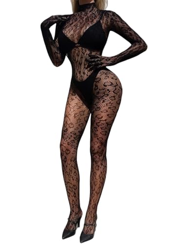 PARUPRUP Body Mujer Sexy Encaje Elástico Leopardo Bodystocking Traje de Malla Pesca Ajustado Manga Larga Lencería Mono Teddy Ropa Interior Catsuit para Fiesta Disfraces Noche Negro XS-XL