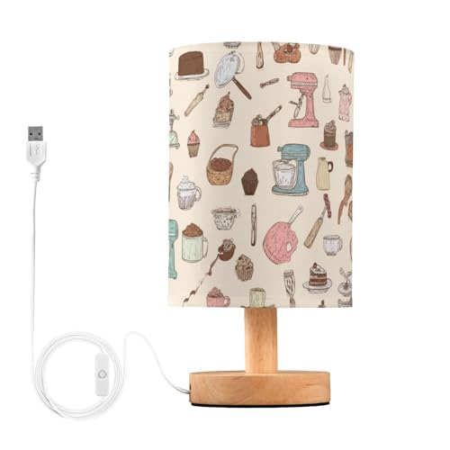 IBGIKWH Cooking Tools Pattern Bedside Table Lamp Small Desk Lamps Linen Fabric Shade Decorative Nightstand Lamp LED with USB Port Wood Base for Bedroom Living Room