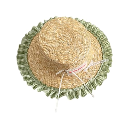 Chapeau de paille réglable enfants à motif carreaux et bords plissés pour le plein air