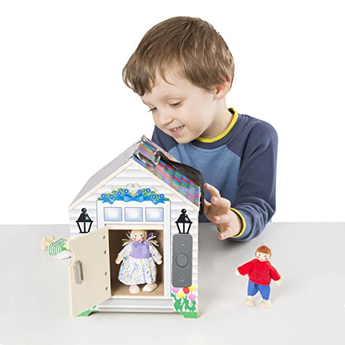 Image of Melissa & Doug Take-Along Wooden Doorbell Dollhouse - Doorbell Sounds, Keys, 4 Poseable Wooden Dolls Portable Doll House, Doorbell House for Kids Ages 3+