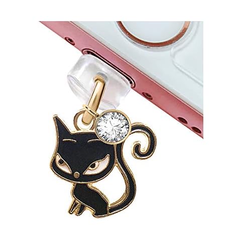ELISE & FONDA CP234 USB Charging Port Anti Dust Plug Cute Cat Kitten Pendant Phone Charm for iPhone 11/ XS MAX/XR/X/8 Plus/7/6S/8/SE iPad iPod (Black) Cover