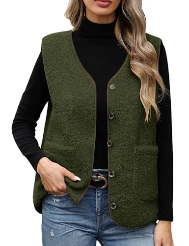 Women's Fleece Vests Button Warm Sleeveless Coat Vest Fall Fuzzy Lightweight Jackets Winter Soft Outerwear with Pockets