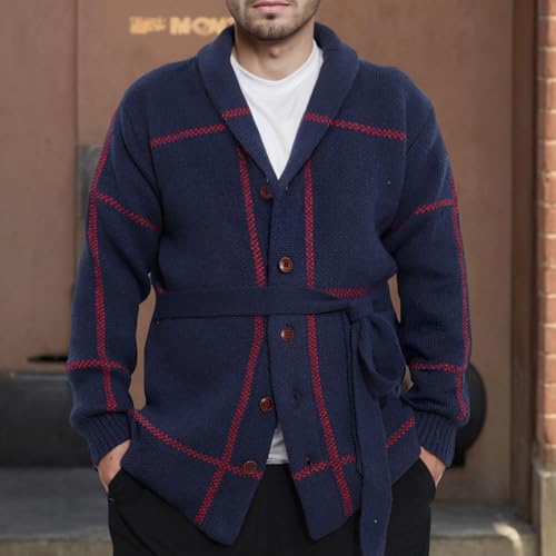 Men's Cardigan Sweaters Fall Lapel Cable Heavy Weight Knitwear Button Down Shawl Collar Outwear With Belts2
