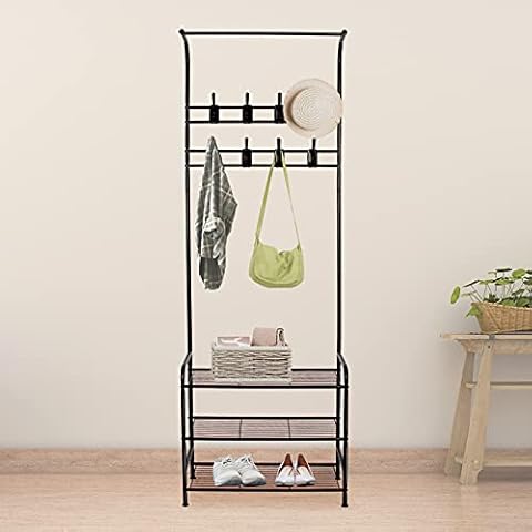 Innotic Coat Shoe Rack Hat Bag Clothes Umbrella Hanger Hallway Rail Storage Standing Bench with Hooks for Home (Black) Cover