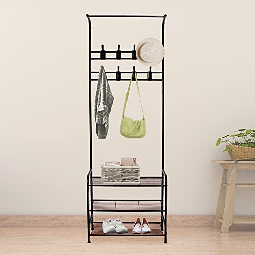 Innotic Coat Shoe Rack Hat Bag Clothes Umbrella Hanger Hallway Rail Storage Standing Bench with Hooks for Home (Black)