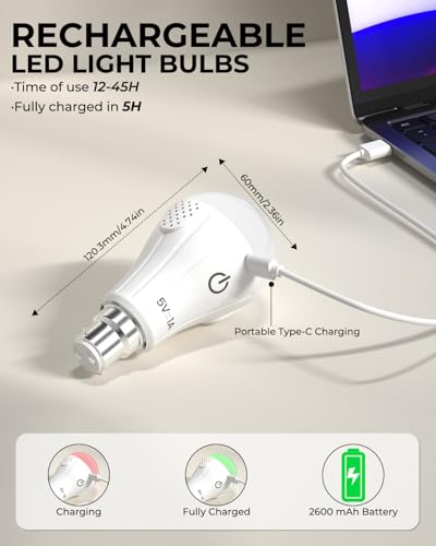 Image of B22 Rechargeable Light Bulb with Remote Control, 3 Color & Dimmable, USB Rechargeable Emergency Light, 2600mAh Battery Up to 24H - No Wiring Needed for Power Cuts, Camping, Stairs(A60, 2 PK)