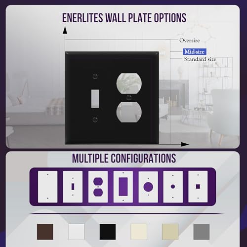 Image of ENERLITES Combination Toggle Light Switch /Duplex Receptacle Outlet Wall Plate, Mid-Size 2-Gang 4.88 inch x 4.92 inch, Polycarbonate Thermoplastic, 881121M-BK, Black