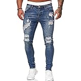 HUNGSON Men's Blue Slim Fit Jeans Stretch Destroyed Ripped Skinny Jeans Side Striped Denim Pants