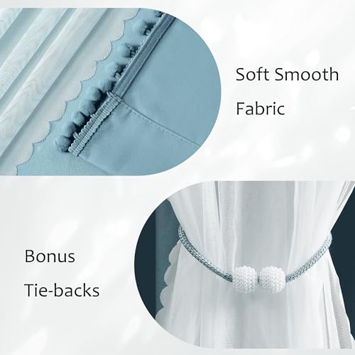 Image of Pom Pom Blackout Curtains with Sheer Overlay for Living Room Bedroom, Kid's Room, Blue Mix and Match Double Layer Window Curtains Rod Pocket Thermal Insulated Curtains with Tiebacks, 2pcs, 52x84, Blue