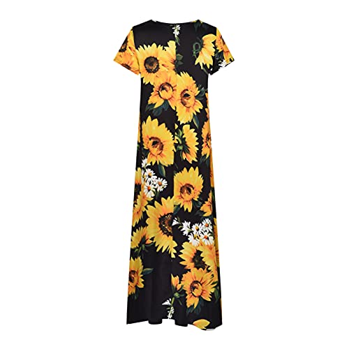 W-348 Vestido estampado floral com girassol amarelo mostarda para mulheres outono verão manga curta