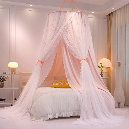 Vethin Double Layer Princess Round Dome Canopy Bed Curtain For Girls Adults,Children Dreamy Mosquito Net,Cute Bedroom Decoration Castle Play Tent Reading Nook Canopies(Dome-Pink/White) #TOP1