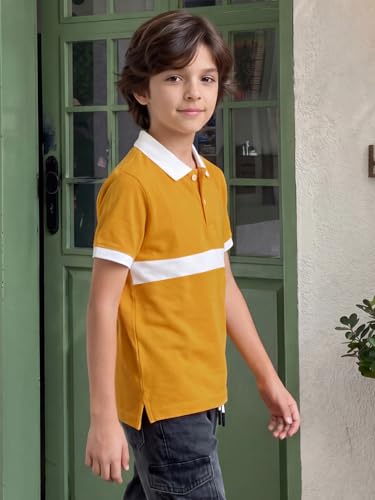 Image of Li'l Tomatoes Boys Polo T-Shirt 100% Cotton Pique Tee | Color Block Stripe Printed Collar Neck T-Shirt | Soft & Breathable Casual Summer Wear | Half Sleeve Stylish Polo Tee | Mustard | 9-16 Years