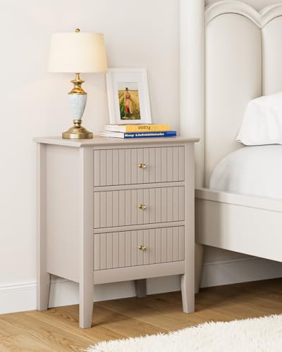 Image of Night Stand, Fluted Nightstand Bedside Tall Farmhouse Nightstand with 3 Drawers, Mid Century Modern Side Accent Table,Bedside End Table for Bedroom, Living Room, Khaki