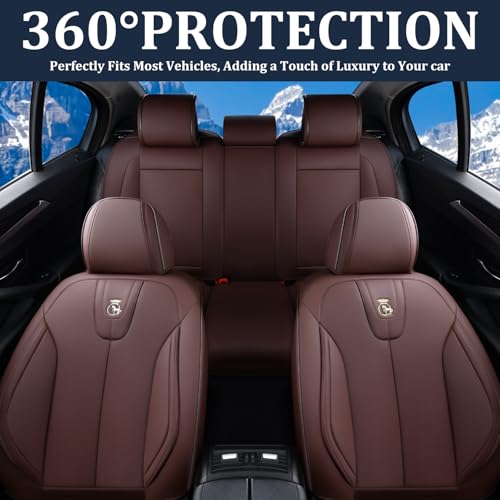 Image of Leather Seat Covers Full Set, Waterproof Seat Cover for Cars 5 Seats, Luxury Leatherette Car Seat Cushion, Front and Rear Protectors Automotive Seat Covers for Sedan SUV Pick-up Truck, Brown