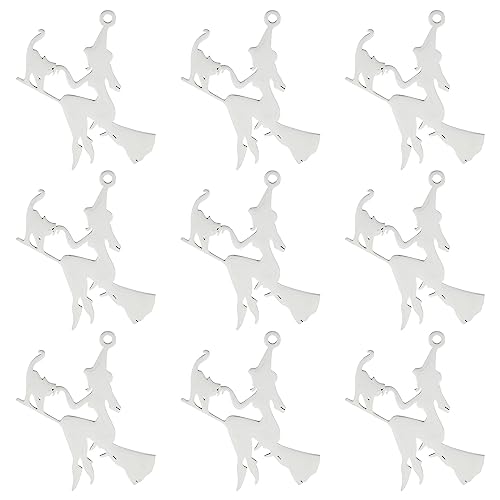 SUNNYCLUE 1 Box 10Pcs Stainless Steel Halloween Charms Witch Charm Wizard Hat Charms Laser Cut Magic Fairy Flying Broom Charm Broomstick Cat Charms for jewellery Making Charm Earrings DIY Supplies