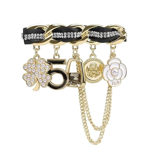 Image of Gold Vintage Fashion Number 5 Camellia Four Leaf Clover Pearl Rhinestone Pendant Brooch Pins Brooches for Women Wedding /Banquet Jewelry