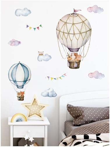 Image of Animals in Hot Air Balloons Wall Decals Deer RABIT Bunny Owel Bear Fox Racun Monkey Chipmunk Wall Stickers Baby Nursery Kids Bedroom Playroom Wall Decor
