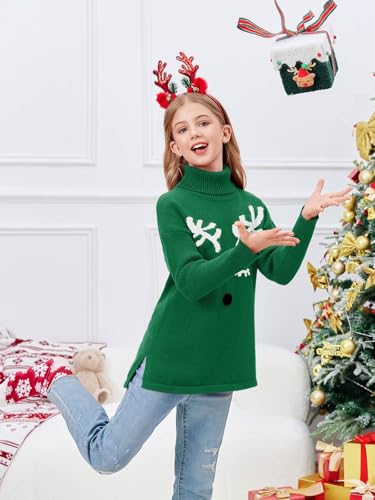 Image of Haloumoning Girls Christmas Sweater Kids Oversized Turtleneck Cute Reindeer Sweaters with Side Slit
