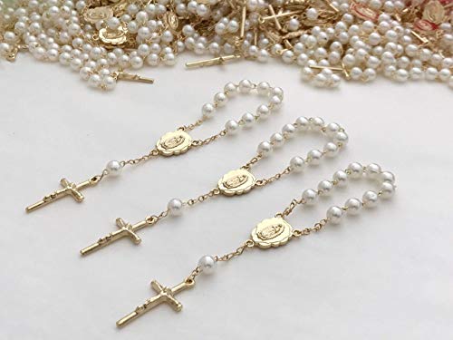 25 Gold Plated Mini Rosary for Baptism Favors in ivory color Faux pearls, recuerdos de bautizo color Beige, christening Favors off white color Gold plated, communion favors, wedding mini rosaries