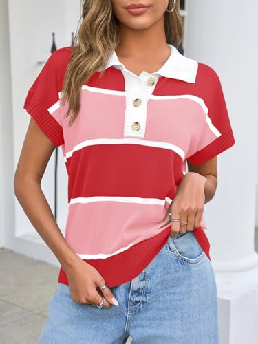 Image of Saodimallsu Women's V Neck Button Down Striped Short Sleeve Knit Sweater