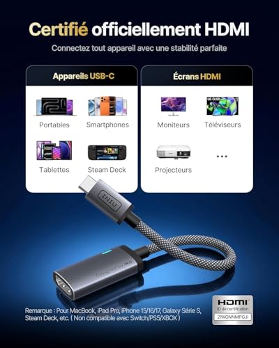 Image of INIU USB C to HDMI Adapter, Original HDMI Certified with Smart Diagnostic LED, 4K@60Hz Type C for MacBook Neo, iMac Laptop, iPad iPhone Samsung Steam Deck Gaming Monitor etc(For Thunderbolt 3 /4 Ports)