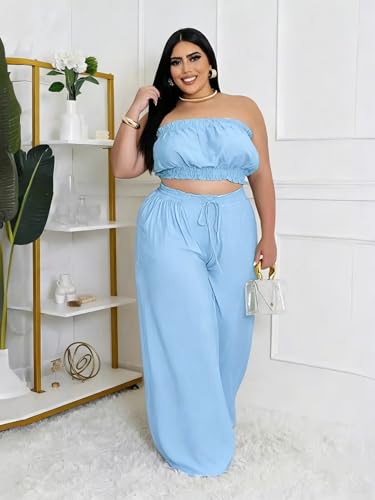 Image of Two Piece Sets for Women Summer Outfits Crop Tops and Wide Leg Pants Sets Sexy Jumpsuits Vacation Outfits with Pockets